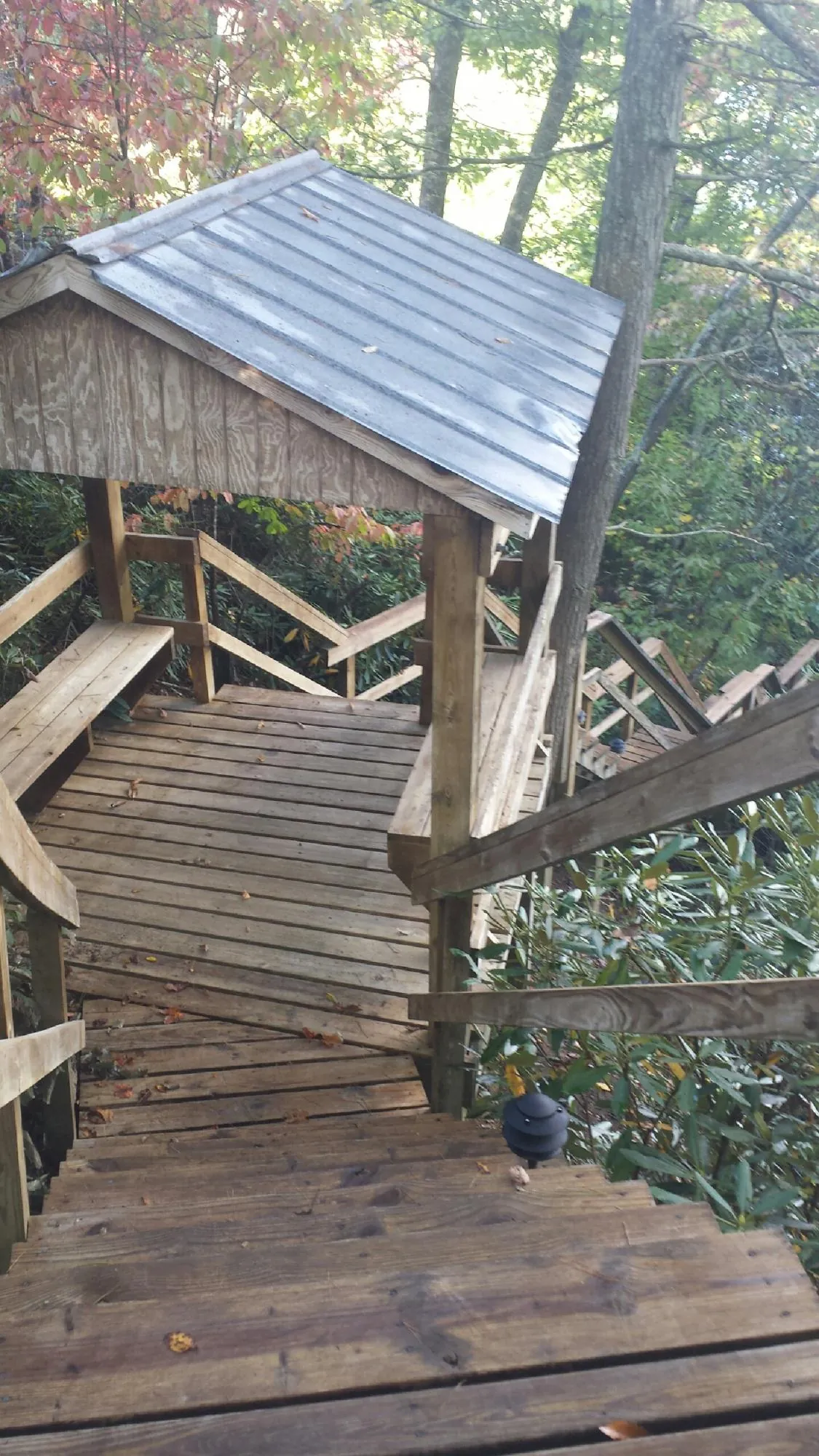 Metal roofed shelter over wooden steps on a wooded walkway — Skylight Repair & Installation work by our crew in Conifer